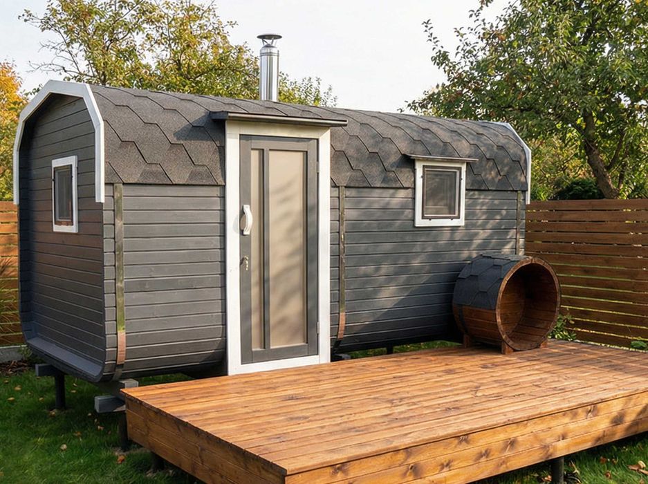 SAUNA Ogrodowa beczka 4m + GRATIS: balia do schłodzenia+LED - z piecem