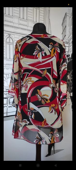 Wzorzysta kopertowa sukienka tunika mgiełka lato