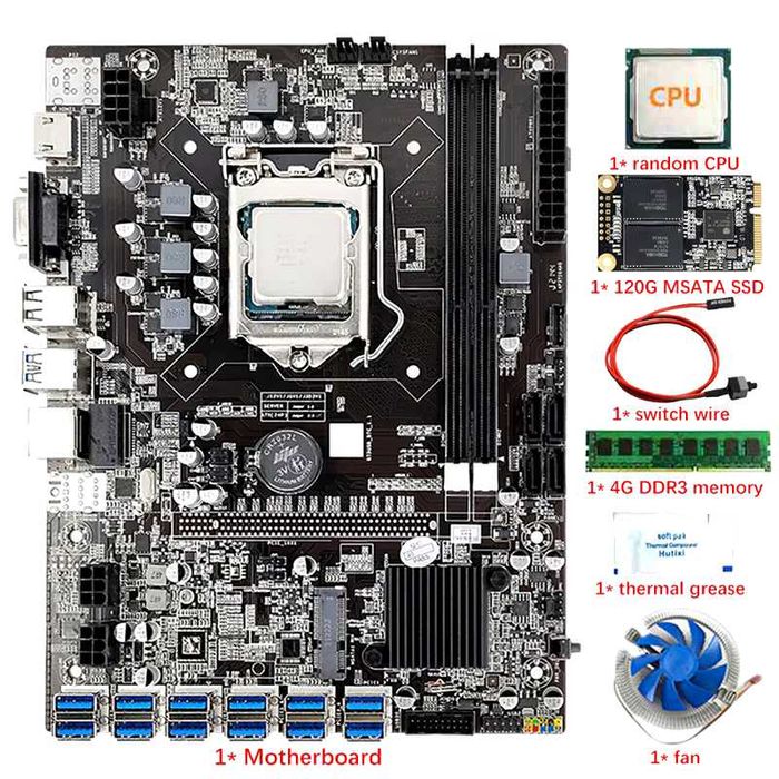 B75 12 USB3 BTC Mining Motherboard CPU+Fan+4G DDR3 RAM+120G MSATA SSD