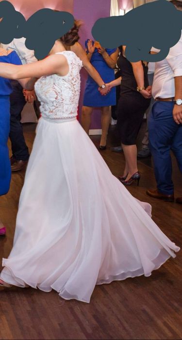 Suknia ślubna zwiewna ażurowa spódnica bluzka boho beżowa