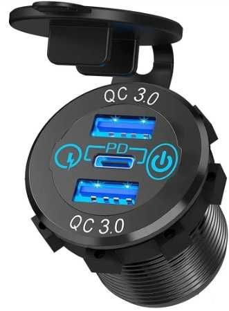 Tomada USB com 2 entradas 3.0 e entrada para Type C