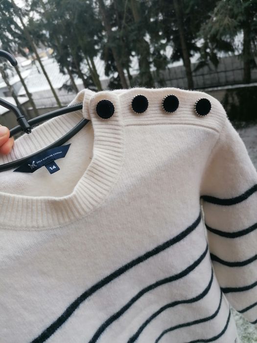 Sweter Crew Clothing 80% Wełna Lambswool Paski Breton Navy