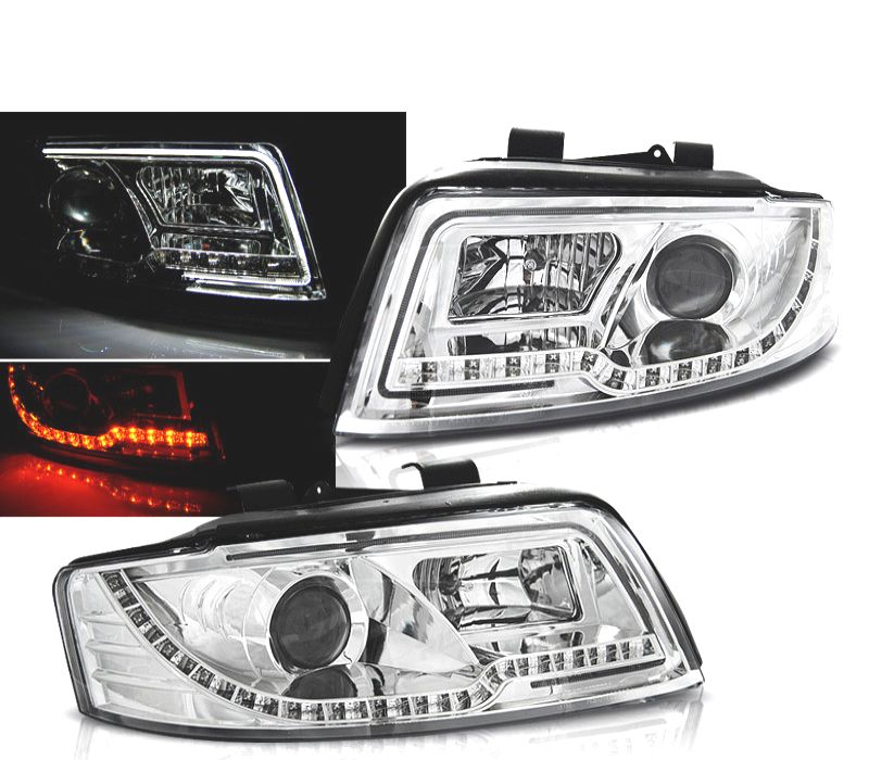 CONJUNTO DE FARÓIS AUDI A4 LED TUBE LIGHTS 00-04 CROMADOS DINÂMICOS