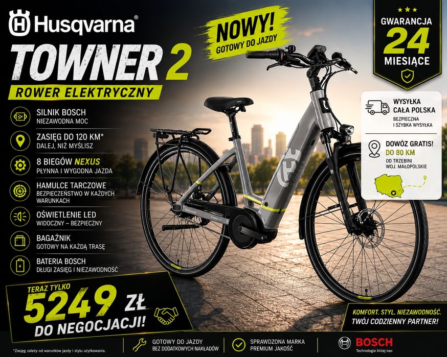 Rower elektryczny miejski Husqvarna Towner 2 BOSCH GWARANCJA  dowóz  gratis