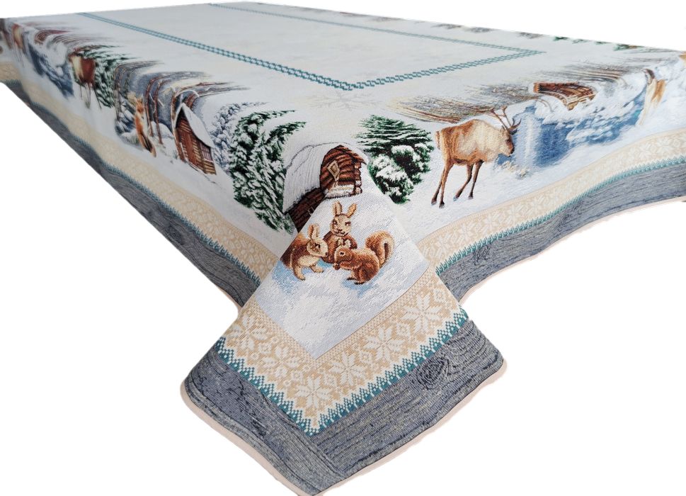 Duży obrus gobelinowy świąteczny z jeleniami i chatką 140x260 cm V09
