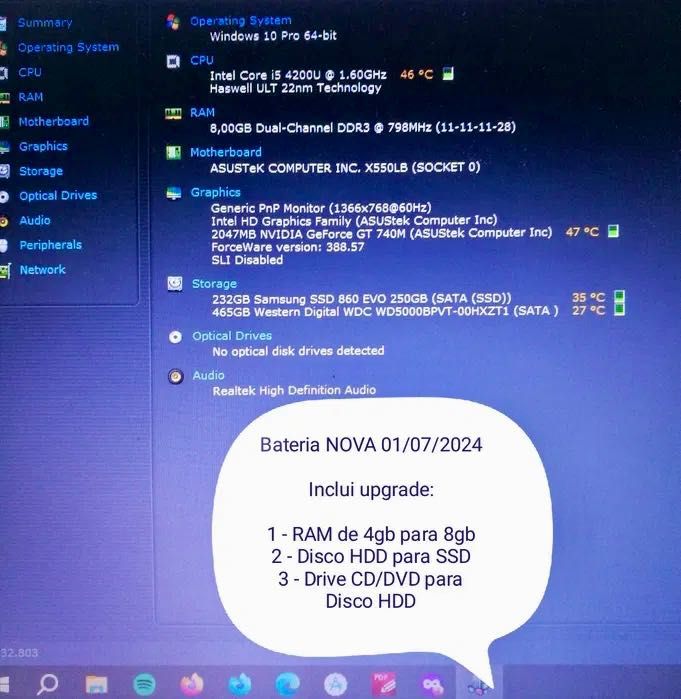 PC Asus X550LB 15.6 CPU i5 RAM 8GB SSD 250GB HDD 500GB Bateria Nova
