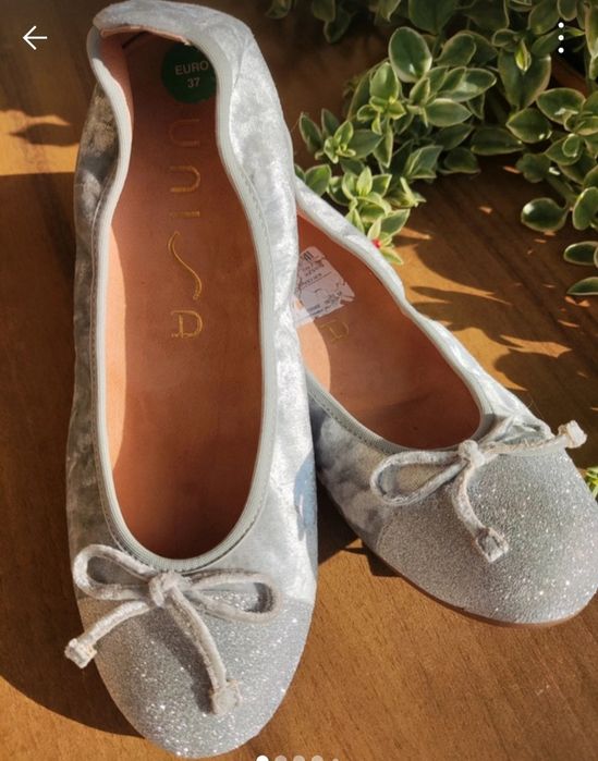 NOWE UNISA srebrne baleriny brokat welur skóra 37