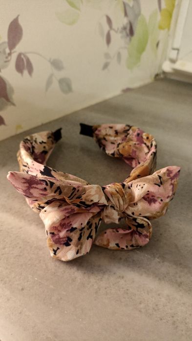 обруч (пов'язка) для волосся з бантом, рожевий з квітковим принтом