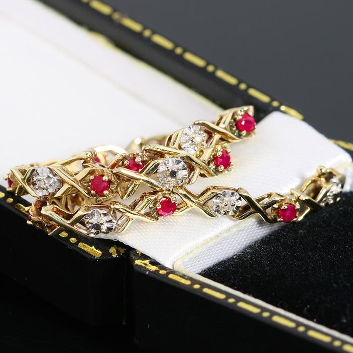 Złota bransoletka z rubinami i diamentami 17,3cm codzienna 9K