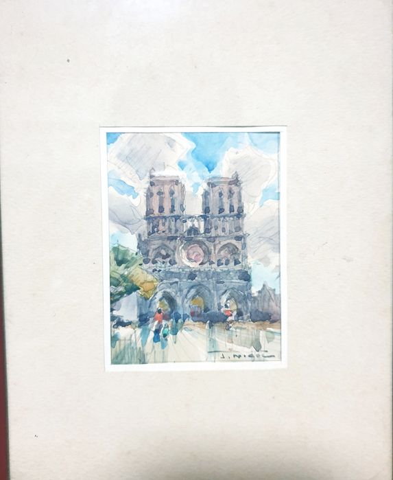 Pequena antiga aquarela assinada - Catedral de Notre Dame