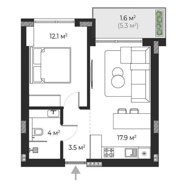 1-кімнатна квартира 39,1 м² ｜ ЖК SHERWOOD ｜ Клубний формат житла ｜ пров. Квітневий ｜ Ужгород ｜ Від забудовника ｜ Без комісії - SWC 4.06