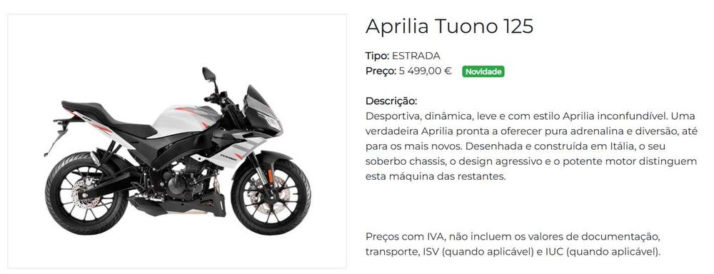 APROVEITE! Mota Aprilia Tuono 125CC - Como Nova - 9.900km