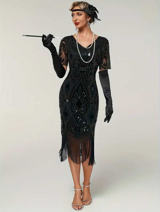 Elegancka sukienka lata 20, Flapper Gatsby cekiny, r. M Sylwester karnawał