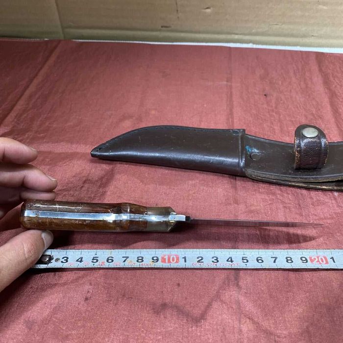 Охотничий нож K.M.V. Hunting Knife, Stainless Japan, кожаный чехол — винтаж