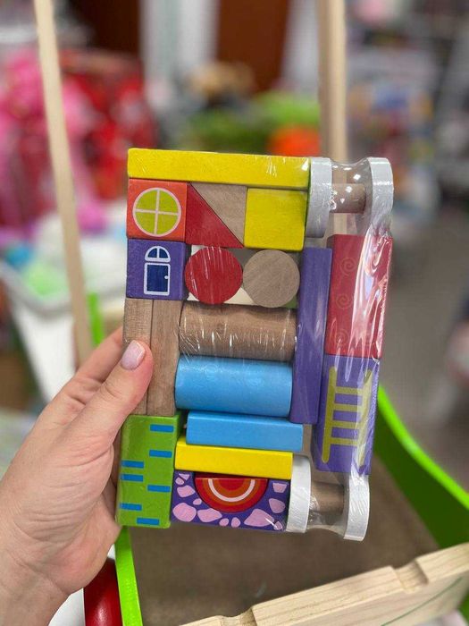 Drewniany Pchacz, chodzik, wózek z klockami