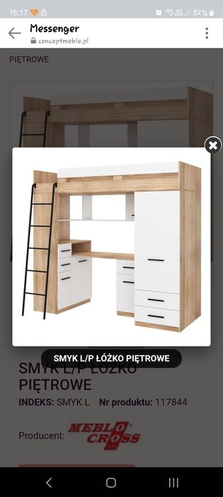 Łóżko piętrowe z biurkiem, szafą i półkami