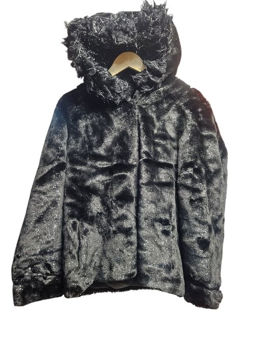 Czarne Futerko z Kapturem 44 XXL Błyszczące Glamour Sylwester