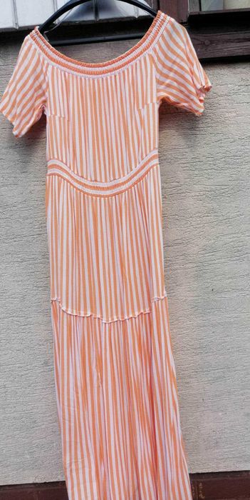 Długa letnia sukienka w paski, carmen, maxi 40/42