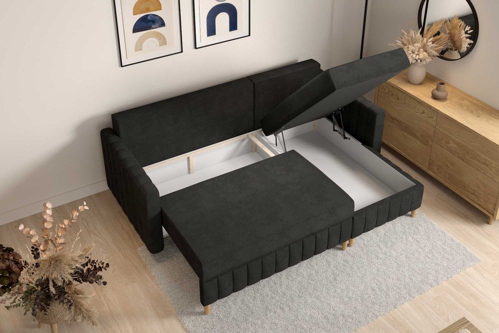 Narożnik Malmo. Rogówka. Sprężyny bonell, automat, welur, 2 pojemniki