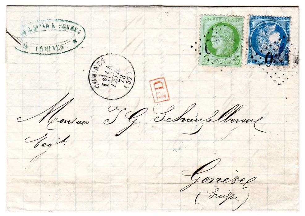 RARA Carta Francesa de 1873 com Selos Postais "Ceres" de 5 e 25 Cêntimos Invertidos