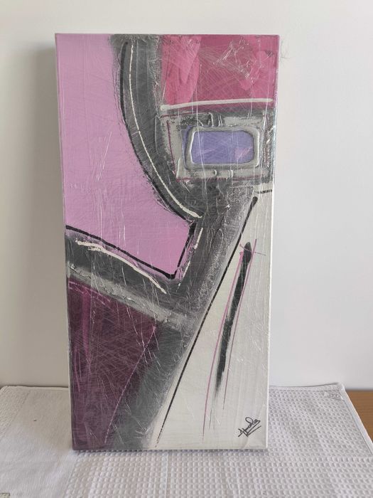 Tela / Pintura Abstrata Original Assinada (Tons de Rosa, Cinzento e Roxo
