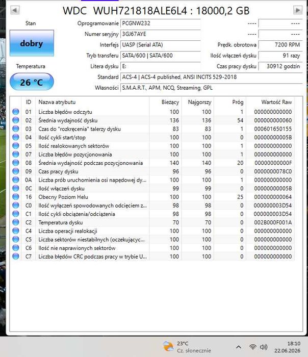 Dysk HDD Western Digital DC HC550 18TB w bardzo dobrym stanie