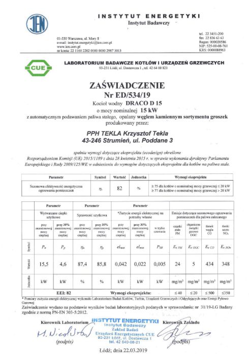 Kocioł na ekogroszek Tekla DRACO D 15 kW - 5klasa - Ecodesign