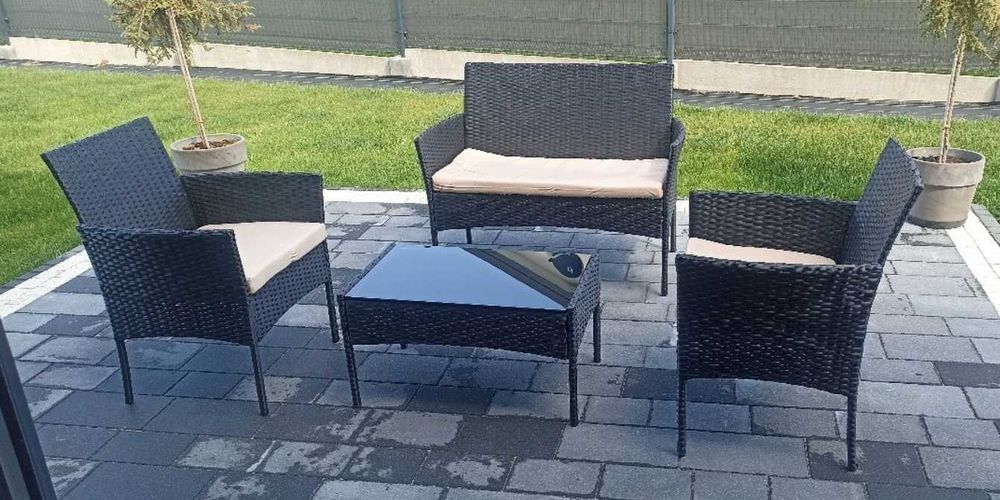 Meble Ogrodowe Technorattan Sofa 2 Fotele Stolik + Poduszki Komplet na Balkon Taras Ogród