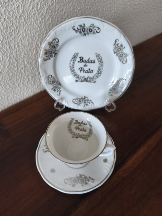 Bodas Prata Conjunto 3 Peças Porcelana "Disfer" Detalhe Prateado