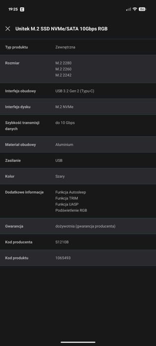 Szuflada obudowa do dysku M.2 SSD NVMe/SATA 10Gbps RGB super świeci