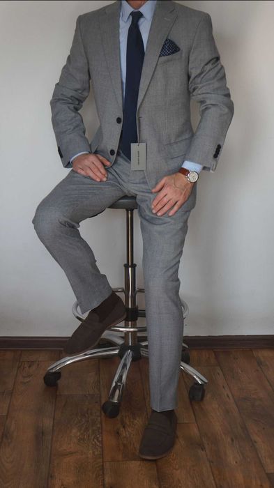 Nowy Garnitur Pierre Cardin 50 Modern Fit Wełna Szary Popielaty Krata