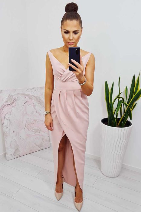 Sukienka długa rozporek marszczenia tulipan rybka pudrowy róż S 36