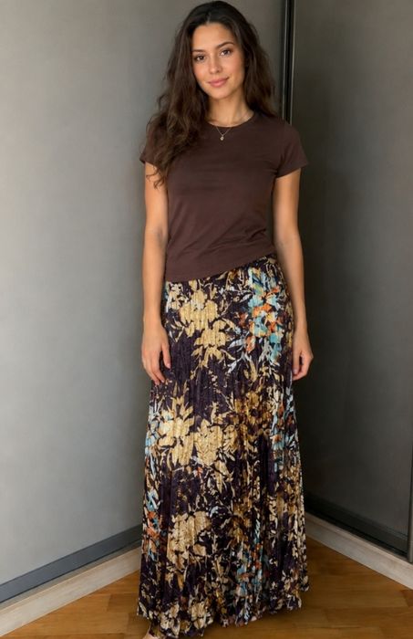 Довга коричнева спідниця з квітковим принтом long tall sally размір xl, на високий зріст