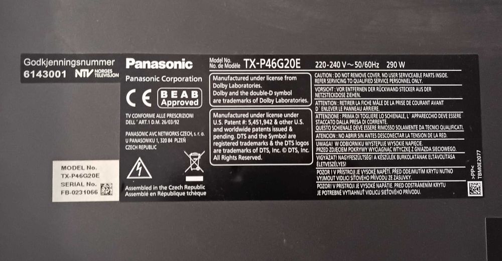 TV Plazma Panasonic TX-P46G20E uszkodzony na części