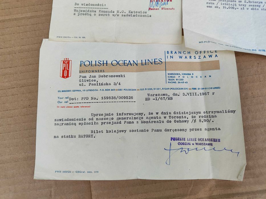 3 dokumenty Polskie Linie Oceaniczne, statek Batory 1967,1969 i 1972r