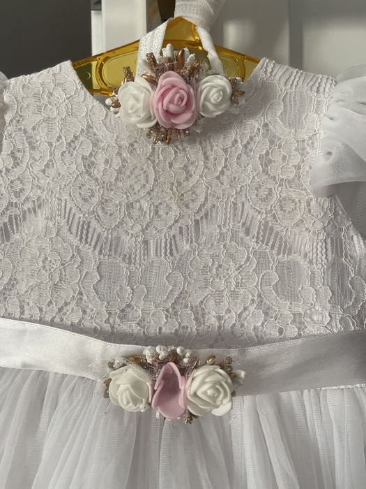 Sukienka rozm  74/80 Chrzest dziewczynka - GRATIS pasek i opaska