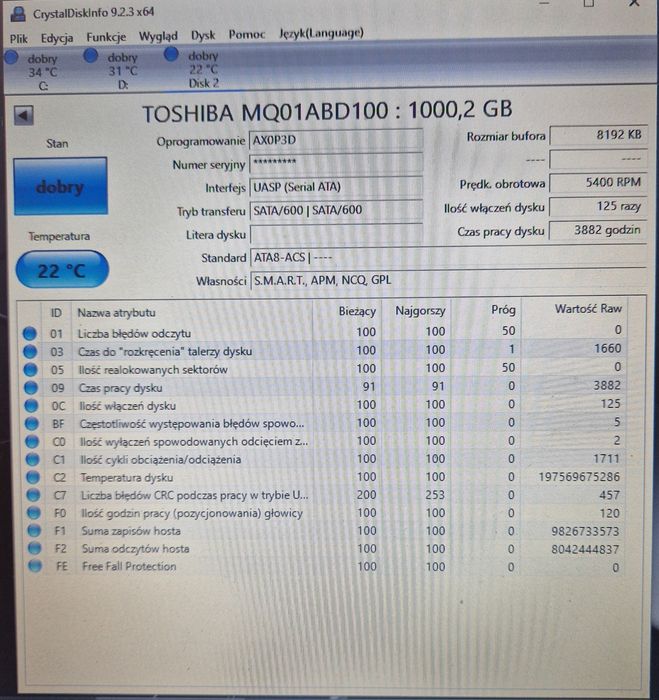 Dysk twardy TOSHIBA 1tb SATA II 2,5"