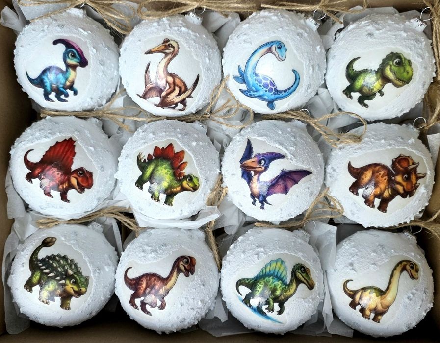 Bombki choinkowe śnieżki 12szt 80mm/8cm dinozaury rękodzieło