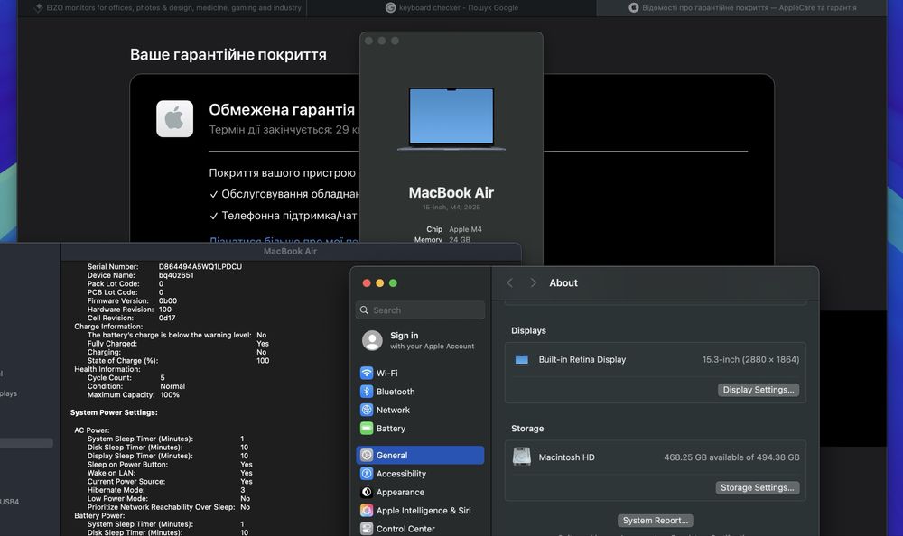 5 циклів Macbook Air 15 2025 M4 24GB RAM 512GB SSD IL6822