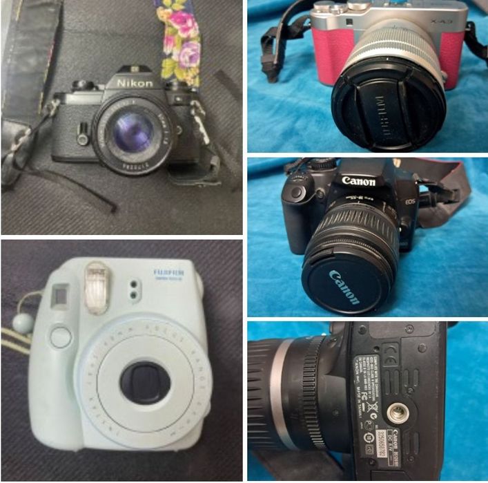 Canon, Nikon EM ,Fujifilm Instax mini 8.Lomography Fisheye One