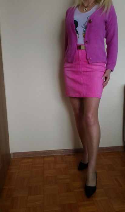 ELEGANCKI zestaw spódnica mini róż jeans+ bluzka+ sweter alpaka S M L