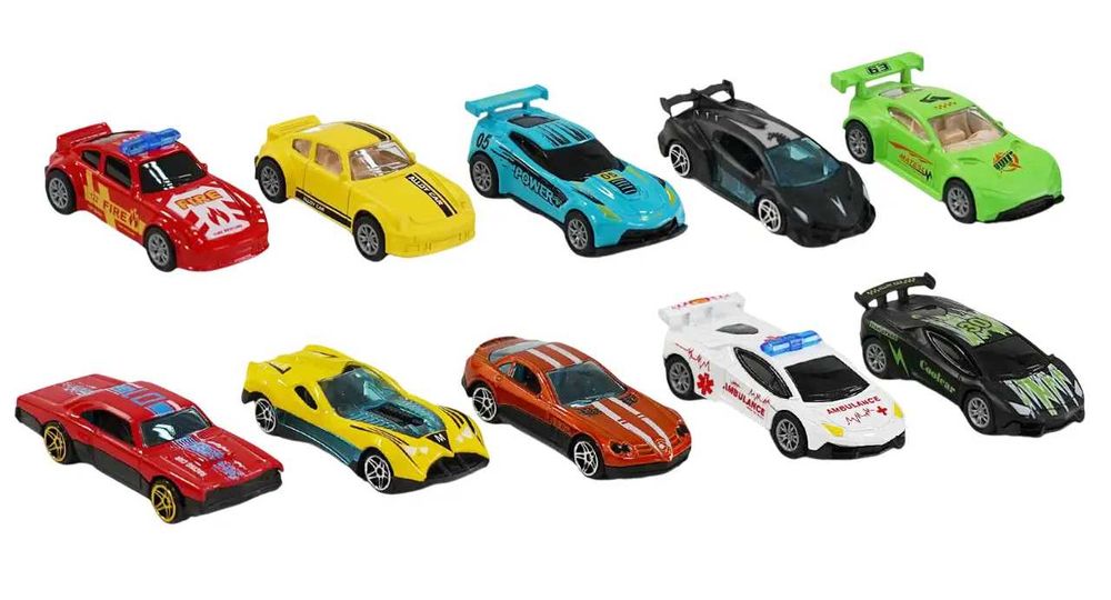 Набір машинок, 10 штук у коробці, 2 види (металопластикові, інерційні)