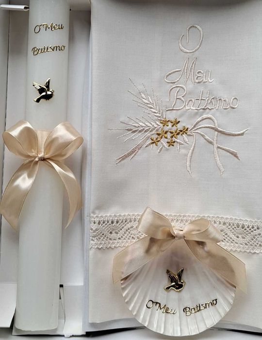 conjunto para batismo / batizado: vela, concha, toalha