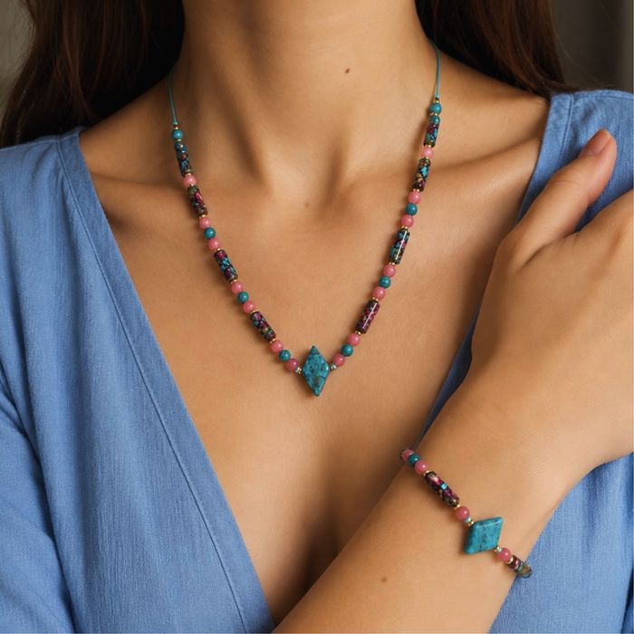 Zestaw komplet biżuteria naszyjnik bransoletka kamienie naturalne handmade