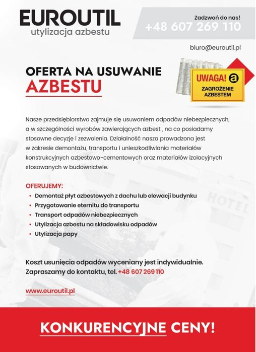 Azbest usuwanie azbestu , eternitu,papy,demontaż,transport