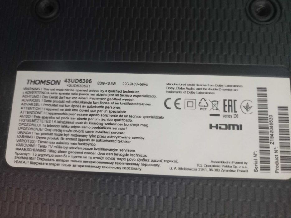 Telewizor Thomson 43UD6306 43" LED 4K, Smart, DVB-T2, dowóz
