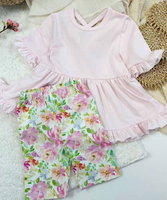 Nowość Zula Handmade pudrowa bluzeczka tunika z falbankami 116 cm