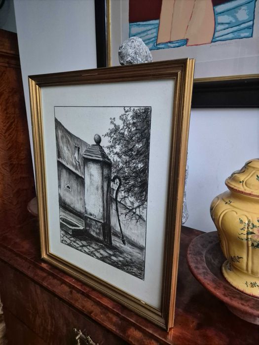 Obraz rysunek pejzaż węgiel ołówek sygnowany Francja studnia antyk