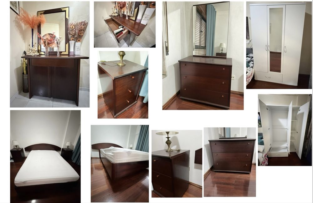 Recheio de quarto: cama, mesas cabeceira, comoda, roupeiro e consola