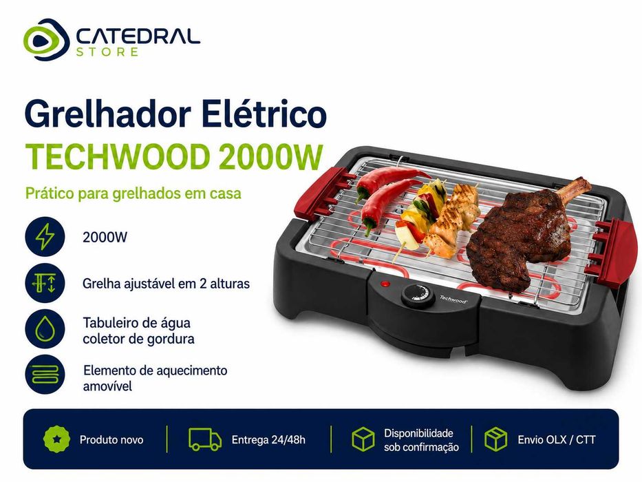 Grelhador Elétrico TECHWOOD 2000W | Grelha Ajustável | Tabuleiro de Água